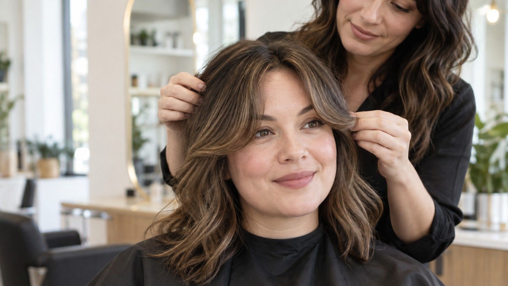 Soft curtain bangs on a round face