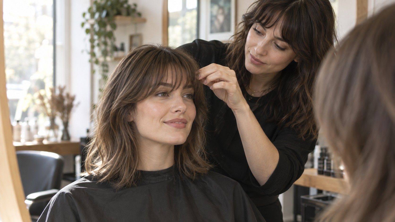 Soft curtain bangs with face-framing layers