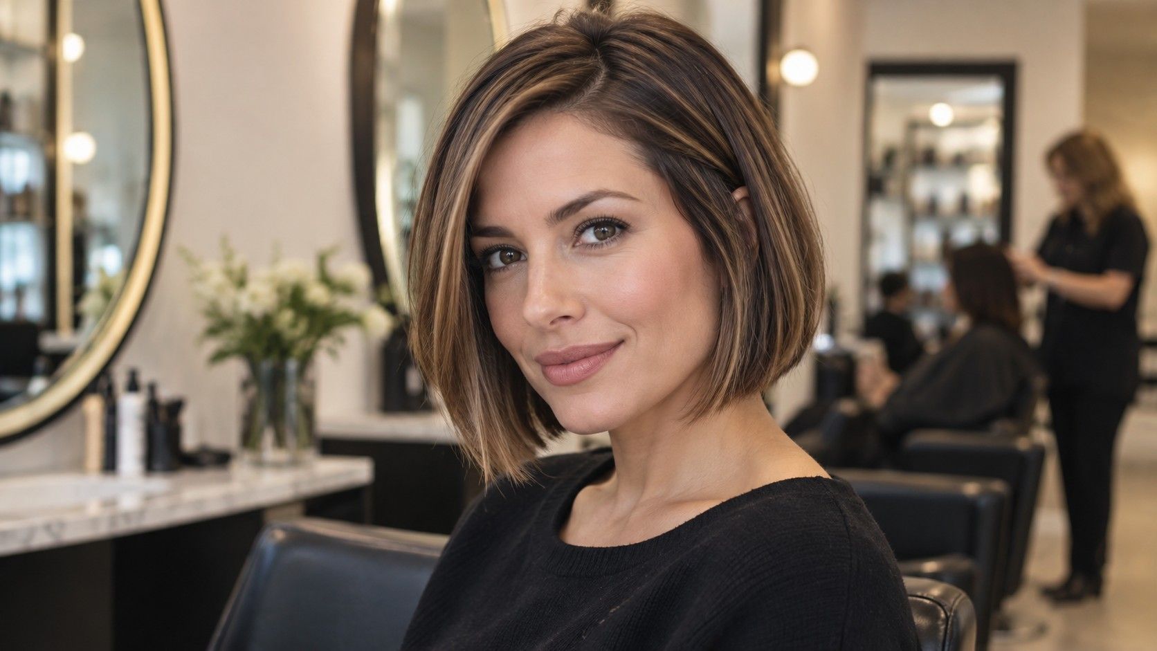 Textured bob haircut with a side part