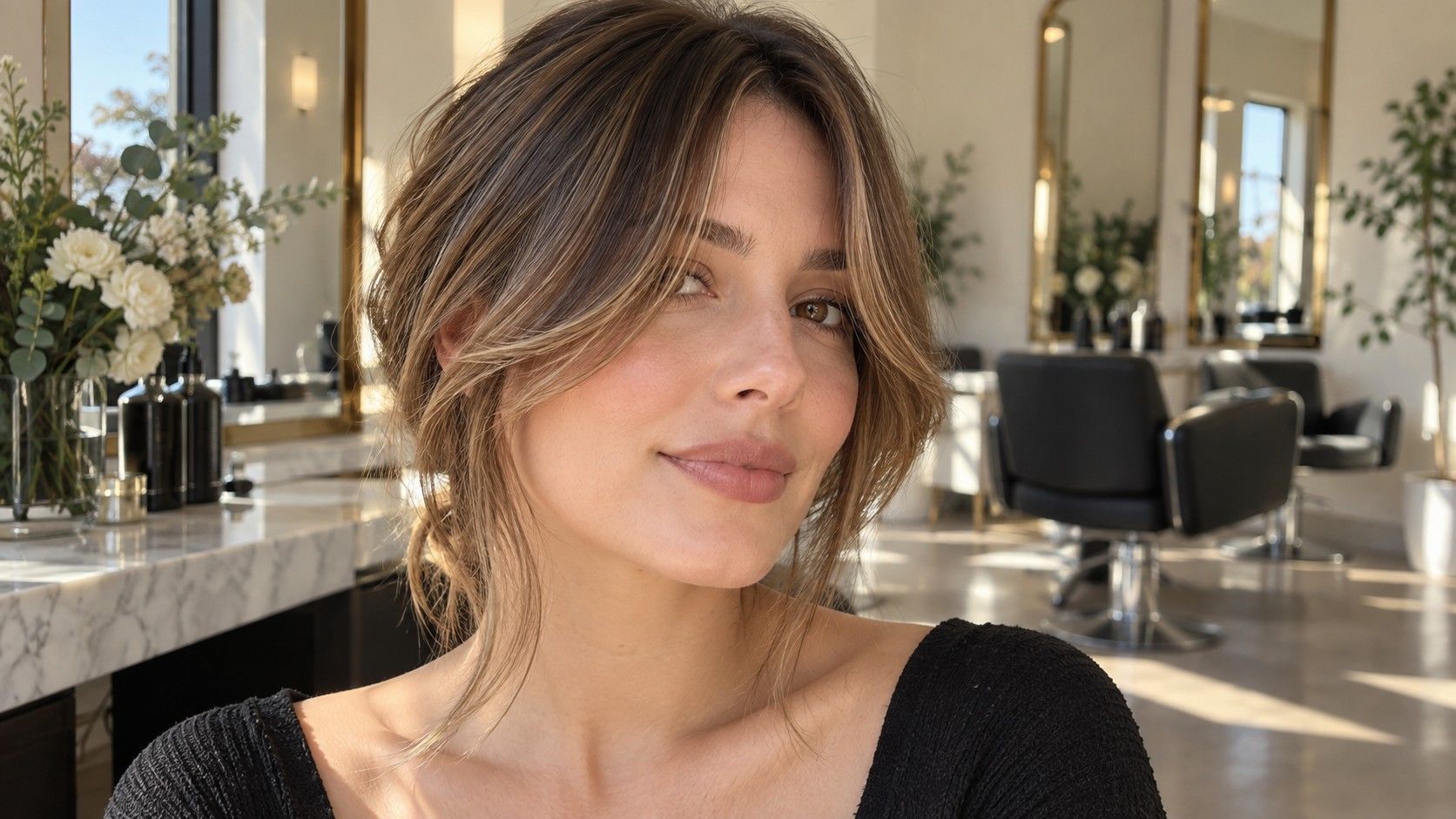 Curtain bangs falling at cheekbone length