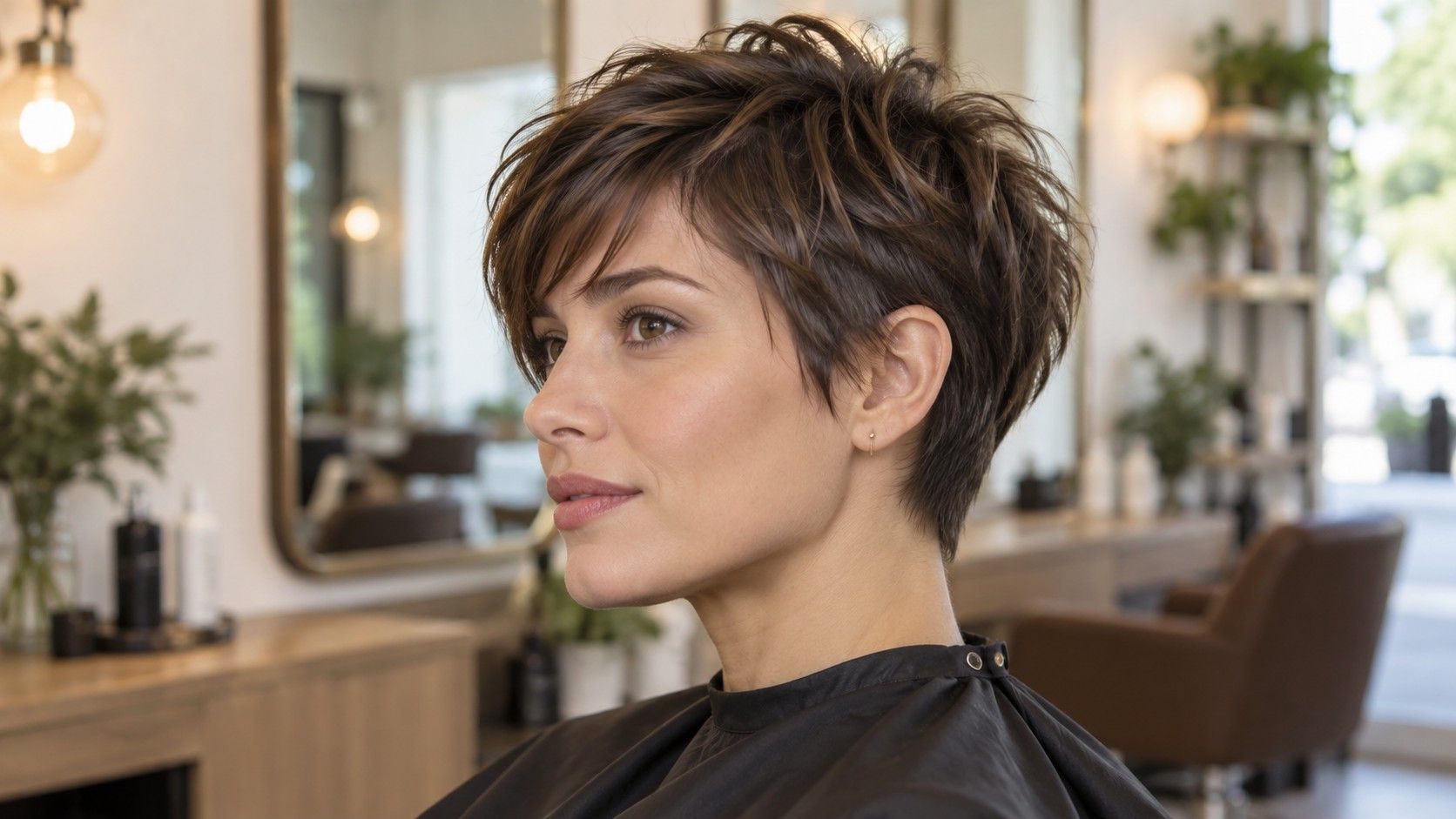 Textured long pixie haircut with a soft fringe